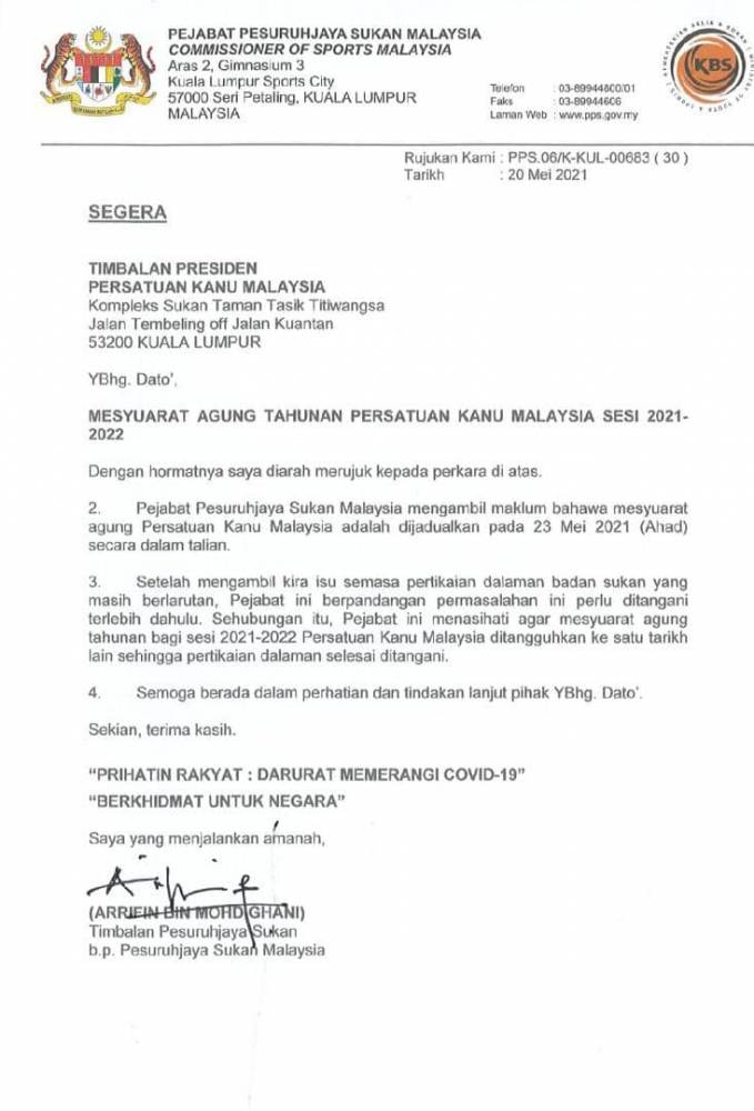 Kanu Malaysia pula bergolak! Pemilihan 20212023 langgar nasihat PPS